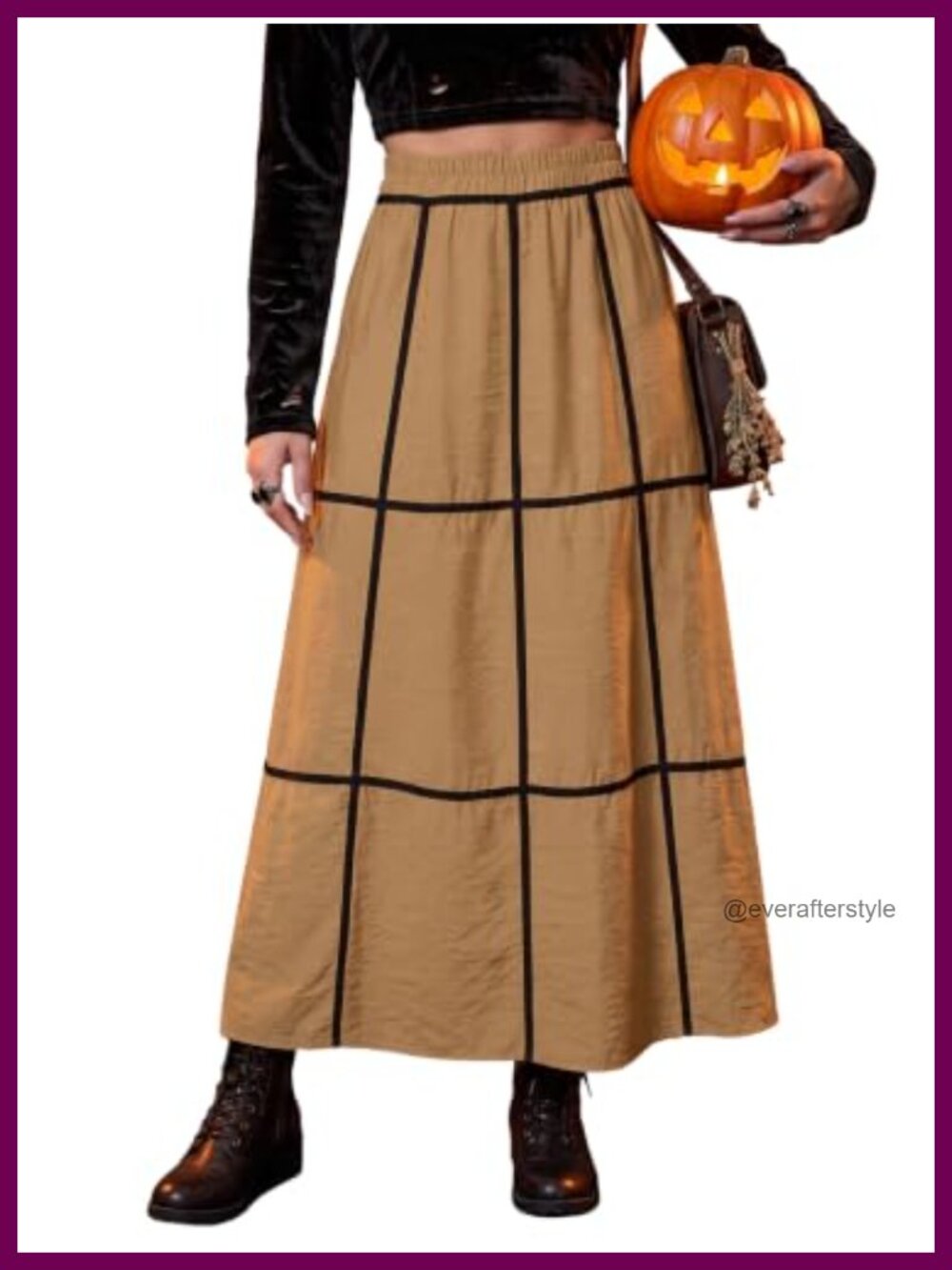 EXLURA Womens Fall Maxi Skirt Boho Flowy Long A-Line Windowpane Skirt